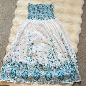 Elegant Blue and White Floral Cotton Women's Strapless Dress